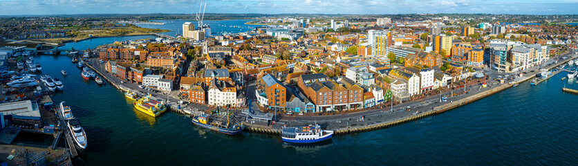 Aerial view of Poole, a coastal town in Dorset, southern England, known for its large natural harbour and sandy beaches
