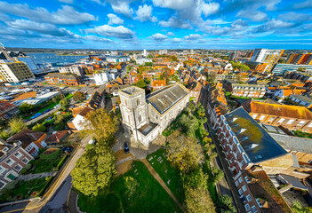Aerial view of St James Church in Poole, a coastal town in Dorset, southern England, known for its large natural harbour and sandy beaches