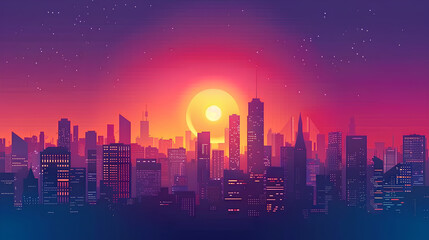 Fototapeta premium Cityscape Silhouette at Sunset with Stars