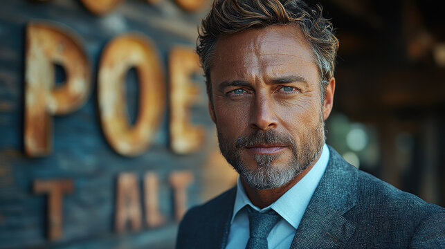 Confident man in suit with stylish beard, exuding professionalism and charisma