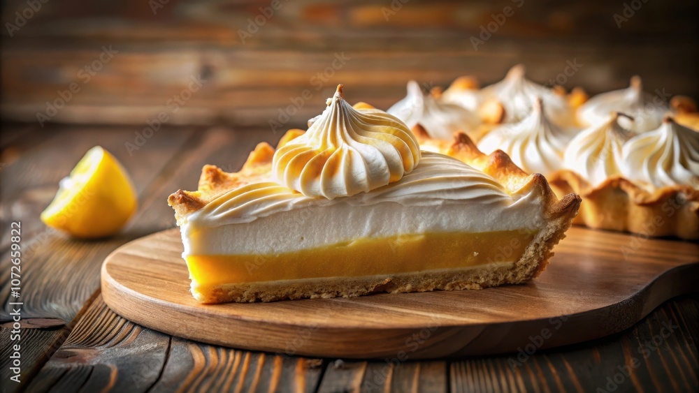 Poster a slice of lemon meringue pie with a fluffy topping, sitting on a wooden board, against a rustic bac