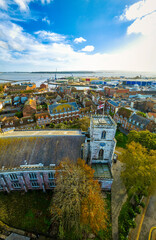 Aerial view of St James Church in Poole, a coastal town in Dorset, southern England, known for its...