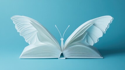 Open book creatively shaped into butterfly, symbolizing knowledge and transformation