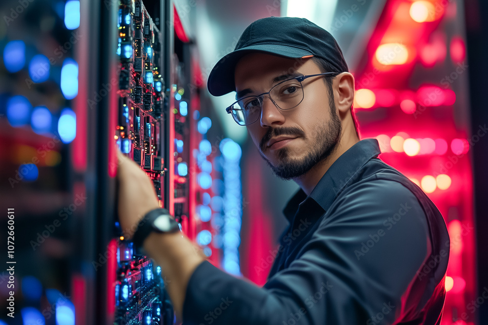 Poster a technician inspects server components in a data center, surrounded by glowing led lights during ev