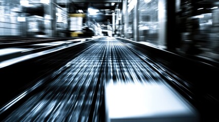 Blurred image of high-speed conveyor belt system in factory