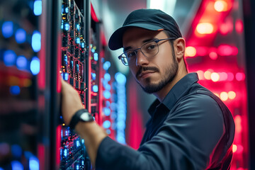 A technician inspects server components in a data center, surrounded by glowing LED lights during evening hours