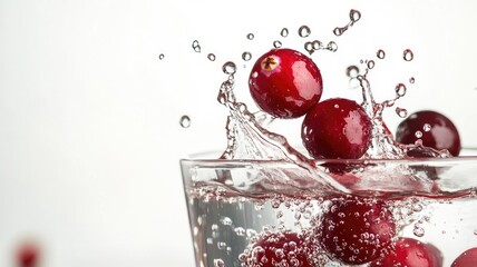 Fresh cranberries splashing into glass of water, creating dynamic water droplets