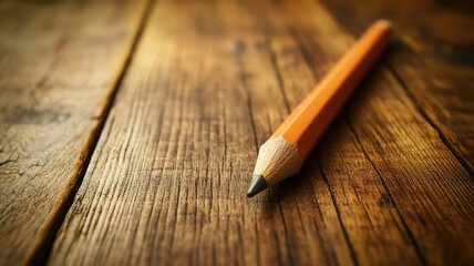 Obraz premium Orange sharp pencil on rustic wooden surface, dimly lit