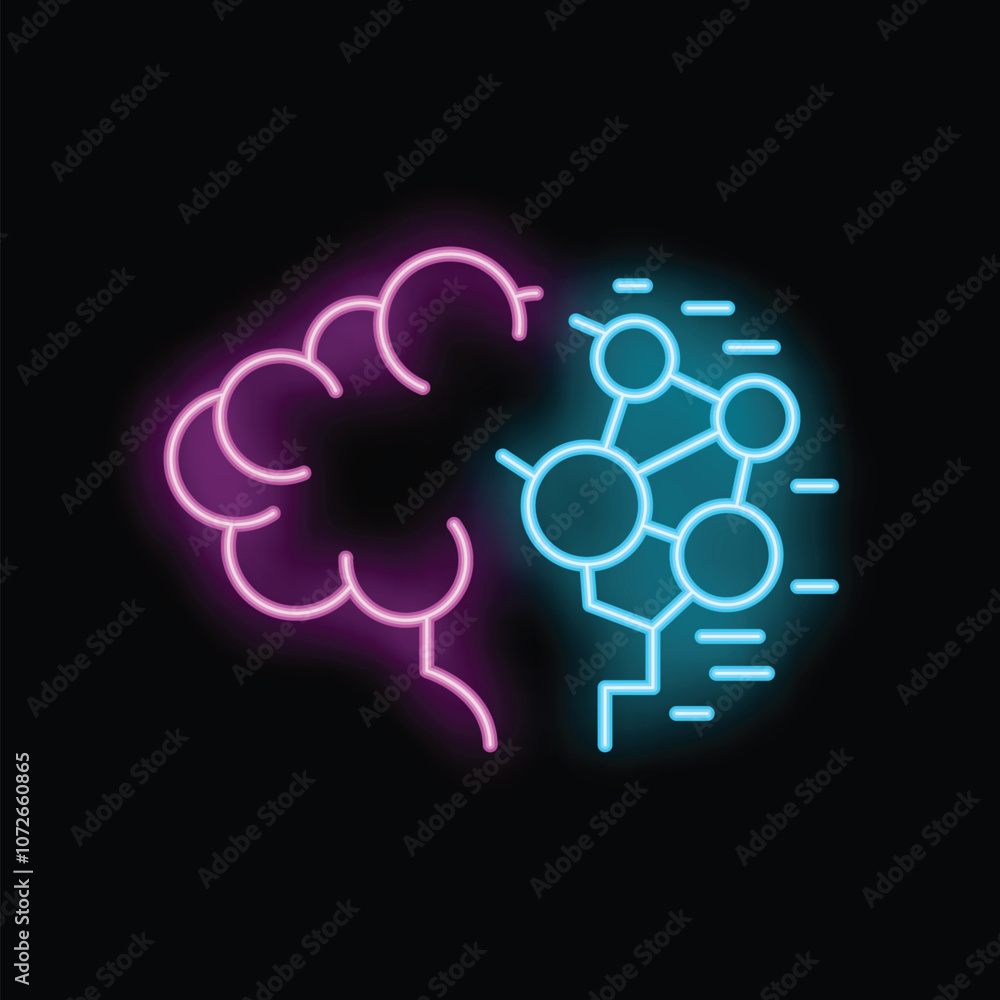 Aufkleber neon illustration showing a brain transforming into a technological network, symbolizing the rise of