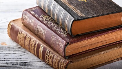 Obraz premium Stack of old hardcover books on wooden background, closeup