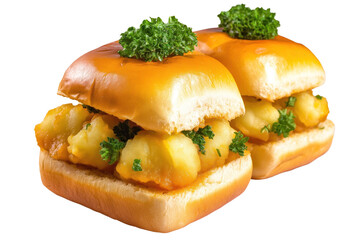 Two Vada Pav, popular Indian street food, stacked on isolated background. Soft bread bun filled with potato patty, garnished with green parsley. Delicious fast food snack, ideal for lunch or dinner.