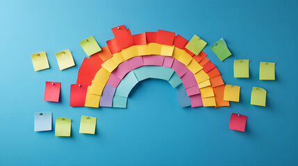 A playful arrangement of sticky notes forming a rainbow on a wall for inspiration.