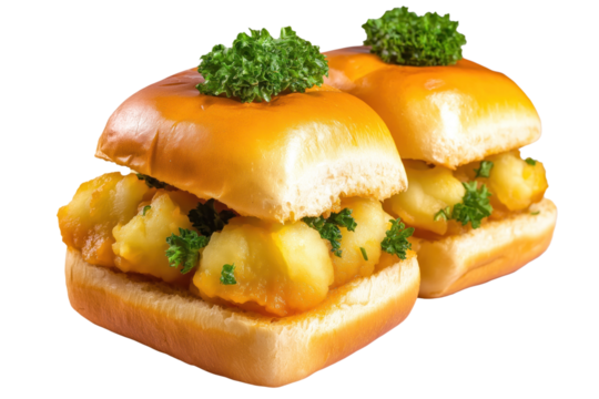 Two Vada Pav, popular Indian street food, stacked on isolated background. Soft bread bun filled with potato patty, garnished with green parsley. Delicious fast food snack, ideal for lunch or dinner. - Powered by Adobe