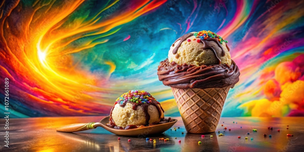 Poster a single scoop of ice cream with chocolate sauce and sprinkles sits on a wooden spoon against a back