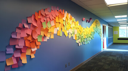A playful arrangement of sticky notes forming a rainbow on a wall for inspiration.