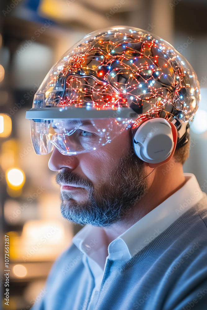 Poster a man in a glowing helmet with circuits shows off cutting-edge tech in a modern lab