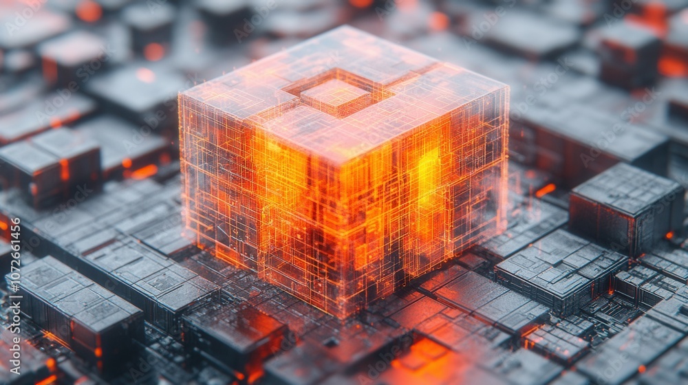 Poster a cube with a glowing orange center sits on a black background. the cube is surrounded by a grid of 