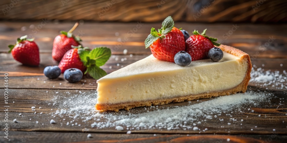 Poster a slice of cheesecake adorned with fresh strawberries and blueberries, resting on a rustic wooden ta