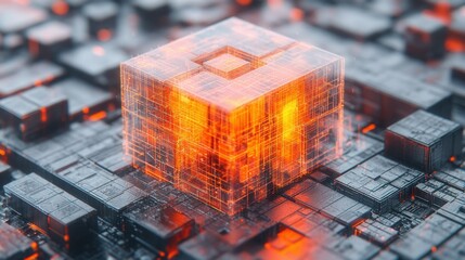 A cube with a glowing orange center sits on a black background. The cube is surrounded by a grid of squares, and the squares are also glowing orange. The image has a futuristic