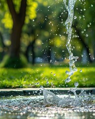 Splashes of water from a fountain in the park. Shallow depth of field.