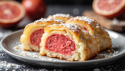 Grapefruit strudel with powdered sugar on dark plate