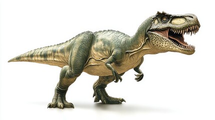 A large T-Rex is standing on a white background. The dinosaur has a mouth open, revealing its sharp teeth. Concept of power and strength, as well as a sense of danger