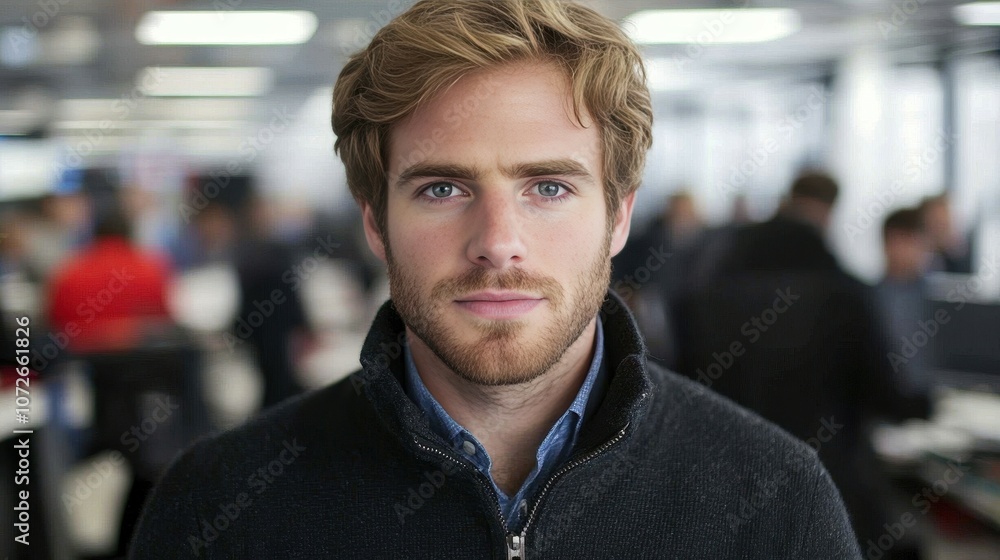 Poster a man with a beard and blue shirt is standing in front of a crowd. he is smiling and looking at the 