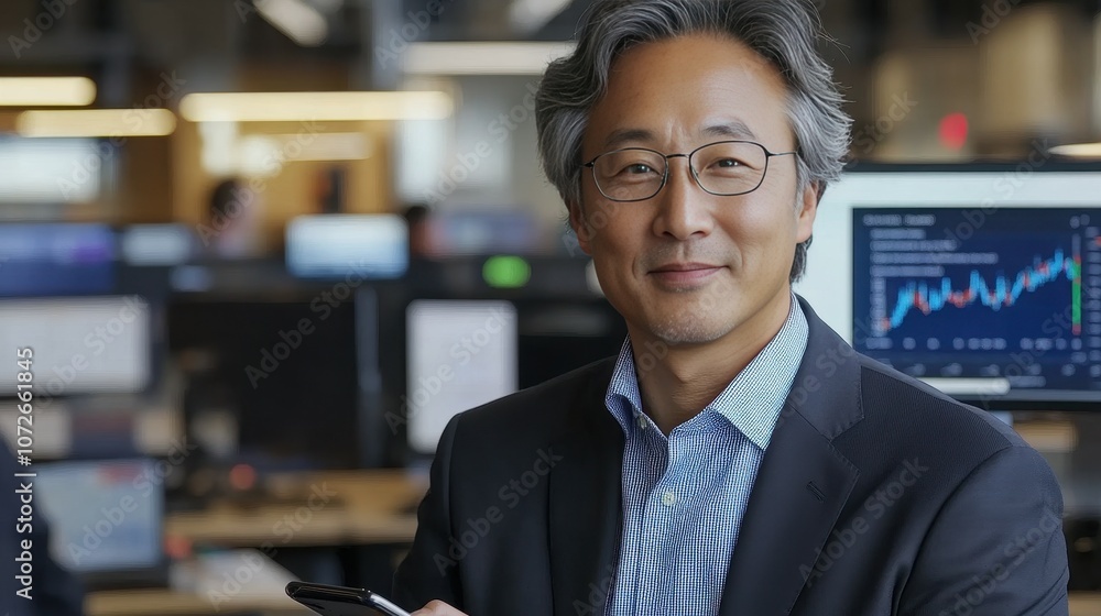 Poster a man in a suit and glasses is smiling in front of a computer monitor. he is holding a pen and he is