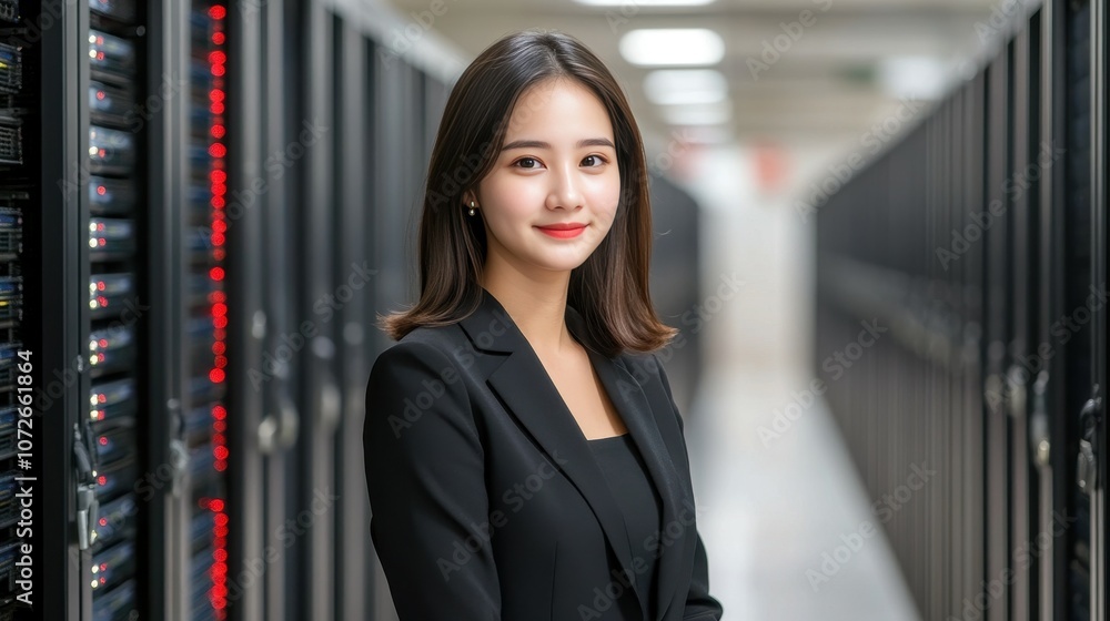 Poster a woman in a black suit stands in front of a row of computer servers. she is smiling and she is conf