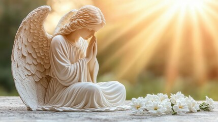 A white angel statue is sitting on a stone surface with a bunch of white flowers. The angel statue is praying and the flowers are scattered around it. Concept of peace and serenity