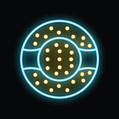 Vibrant neon sign illuminating a circular object with glowing lights, set against a dark backdrop, creating a captivating visual
