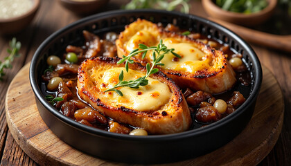 Fototapeta premium Grilled goat cheese with caramelized onions and herbs