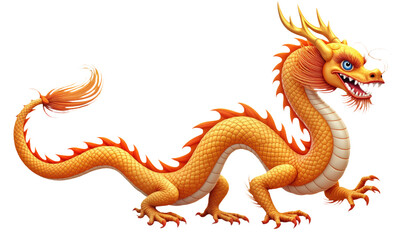 Fototapeta premium Golden Chinese dragon, symbol of prosperity and luck. Mythical creature with horns, scales, and claws. Perfect for New Year, festivals, and cultural events. Transparent isolated background alpha mask.