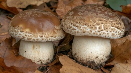 Two mushrooms are sitting on top of a pile of leaves. The mushrooms are brown and have a slightly fuzzy texture. The leaves are brown and crumpled, giving the scene a somewhat eerie