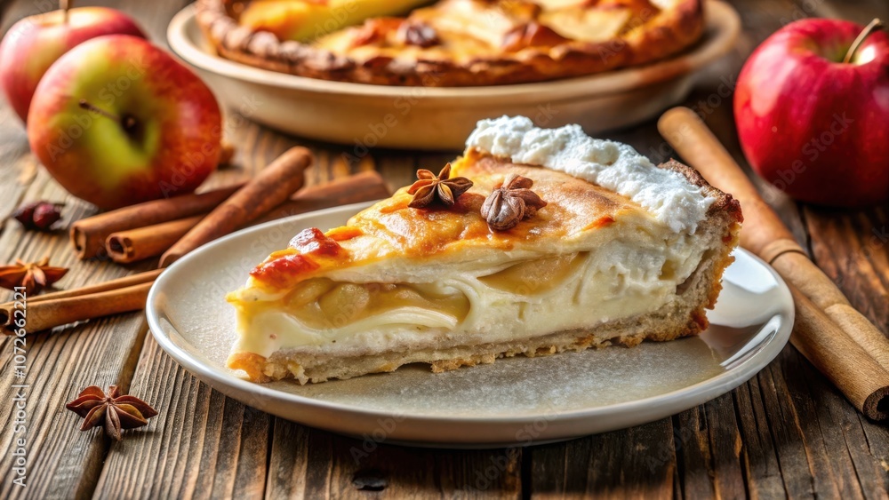 Poster a slice of apple pie with a creamy topping and star anise on a plate with cinnamon sticks and apples