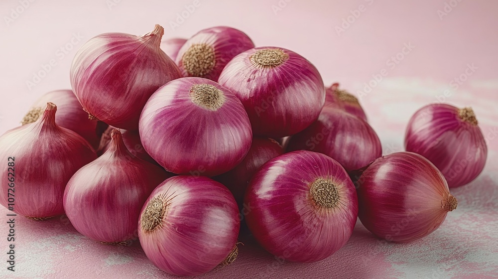 Poster a pile of red onions on a table. the onions are piled on top of each other, with some of them overla