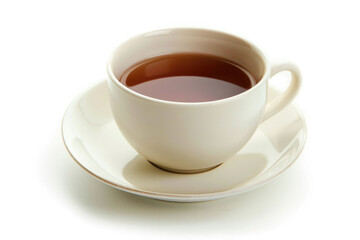 white cup filled with tea placed on a saucer, isolated on a clean white background