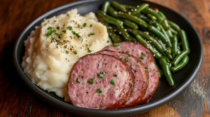 Hearty Meal with Mashed Potatoes and Green Beans