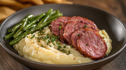 Savory Plate of Ham, Mashed Potatoes, and Green Beans