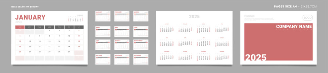 Obraz premium Set of 2025 Pages Monthly Calendar Planner Templates, Cover with Place for Photo, Company Logo, annual. Design of Vector Calendar Pages size Letter -8.5x11 in ready on print. Week start on Sunday