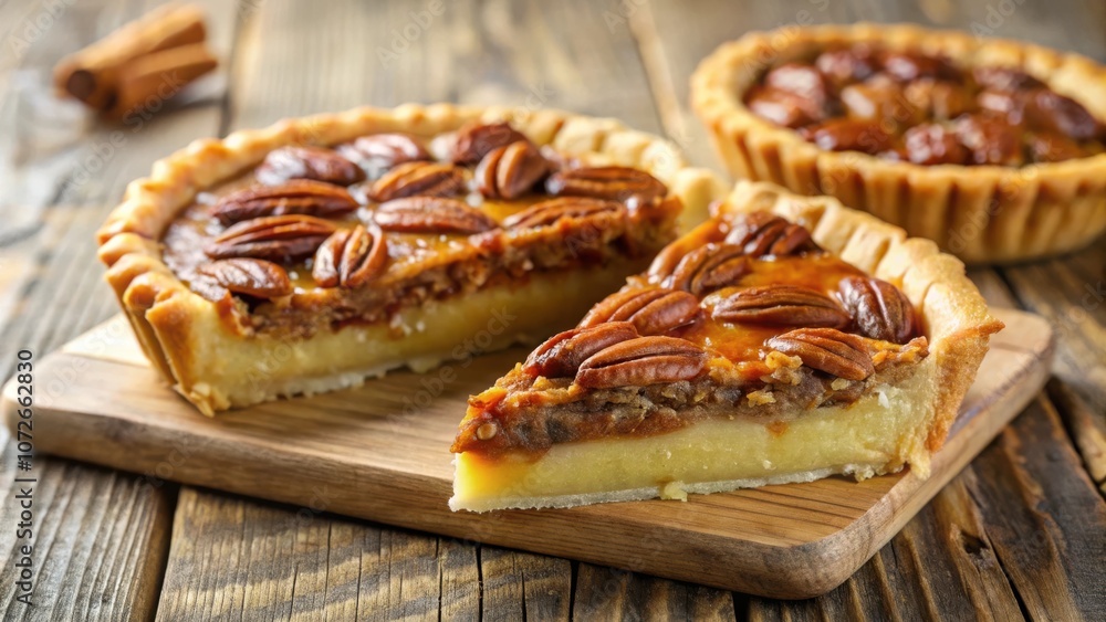 Poster a slice of pecan pie with a crumbly crust and a golden glaze on a wooden cutting board
