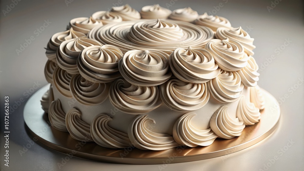 Poster a perfectly frosted cake with intricate swirl patterns, showcasing the artistry of baking and the be