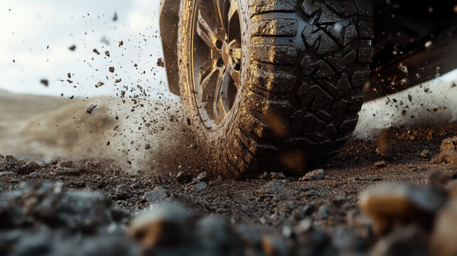 detailed view of car tire rolling over rough terrain, kicking up dirt and debris, showcasing ruggedness and power of off road driving