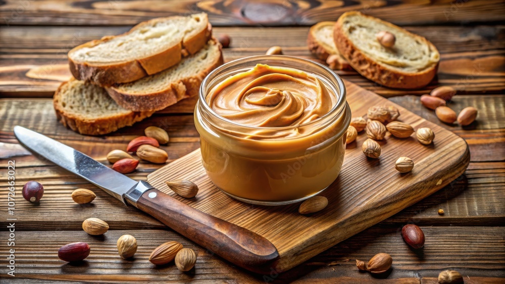 Poster a jar of creamy peanut butter spread with slices of bread and scattered nuts on a wooden cutting boa