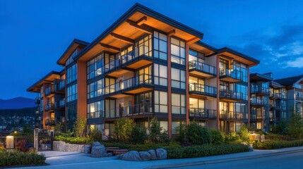 Obraz premium Modern Apartment Building with Evening Lighting