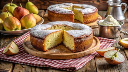 A freshly baked ring cake with a slice missing, sprinkled with powdered sugar, surrounded by pears and apples on a rustic wooden table