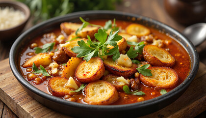 Hearty minestrone soup with croutons in black bowl