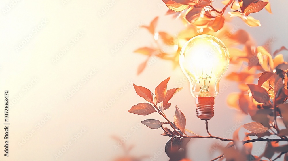 Poster conceptual image of a light bulb surrounded by natural elements representing new ideas and creativit