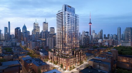 Obraz premium Modern skyscraper in vibrant city skyline at dusk