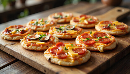 Homemade mini pizzas with colorful toppings on wooden board